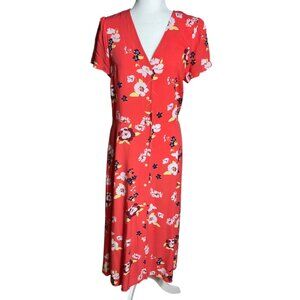 Gap Midi Dress A-line Coral Bold Tropical Floral Button Up Rayon Shift Womens M
